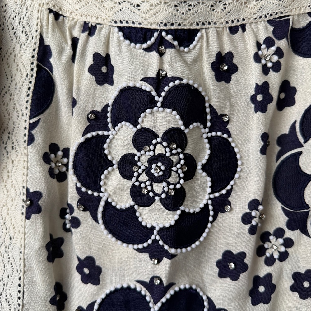 Tory Burch Navy White Floral Beaded Linen Blouse Size 10 - Picture 3 of 5